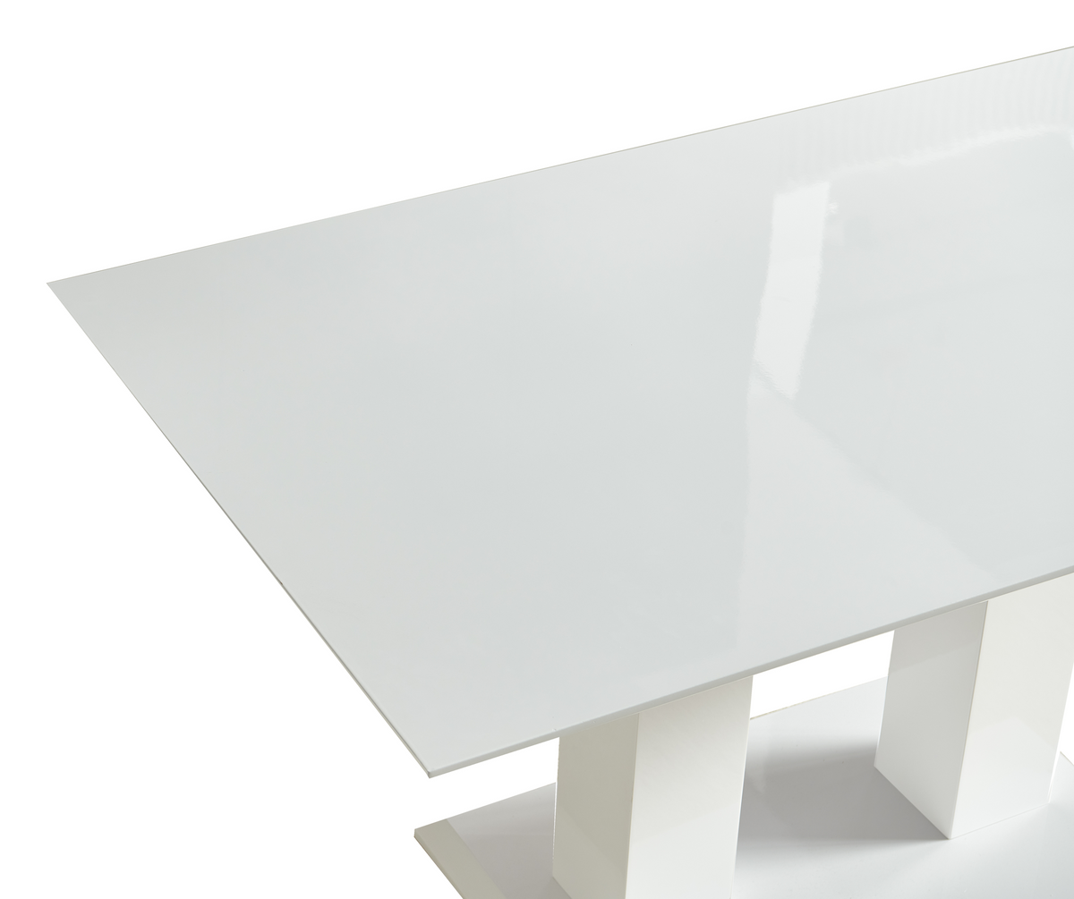 Corner detail of 38mm reverse-bevel MDF tabletop with white high-gloss lacquer finish, T-305