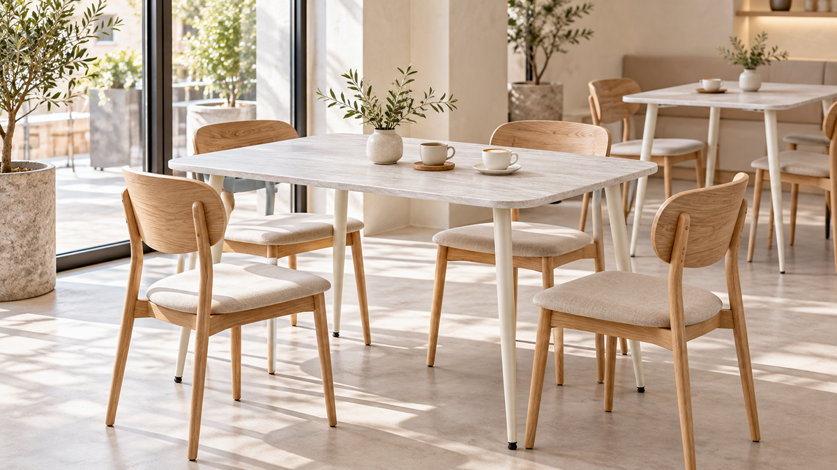 Reverse-bevel dining table arranged with wood chairs in a sunlit café dining space, T-173