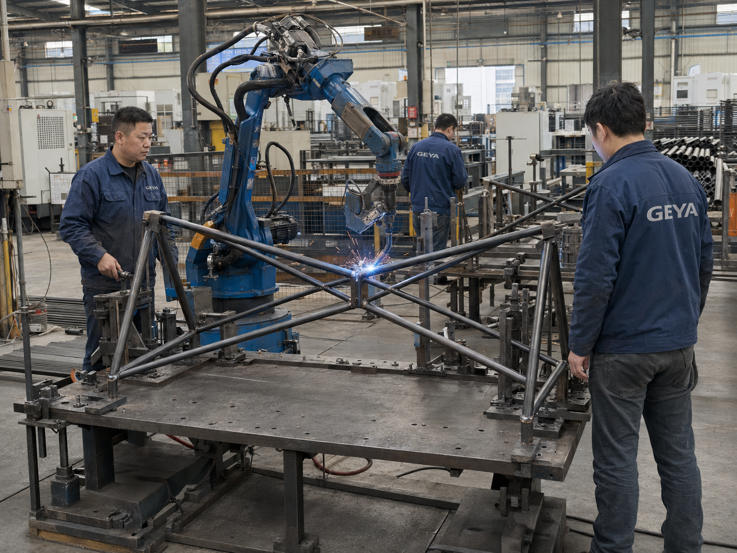 Robotic welding of geometric metal table base connections in a furniture production workshop
