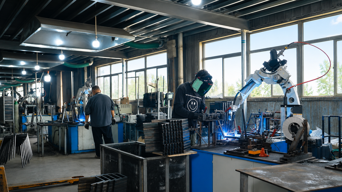 Robotic welding arm assembling metal chair and table frame components in GEYA’s factory