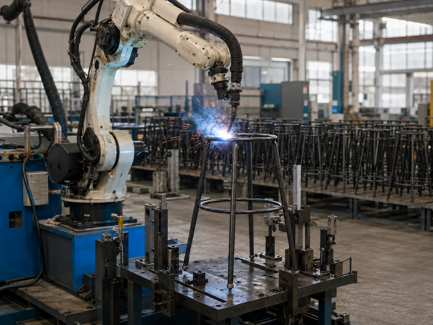 Robotic welding of metal bar stool frames with footrests at the GEYA Seating factory