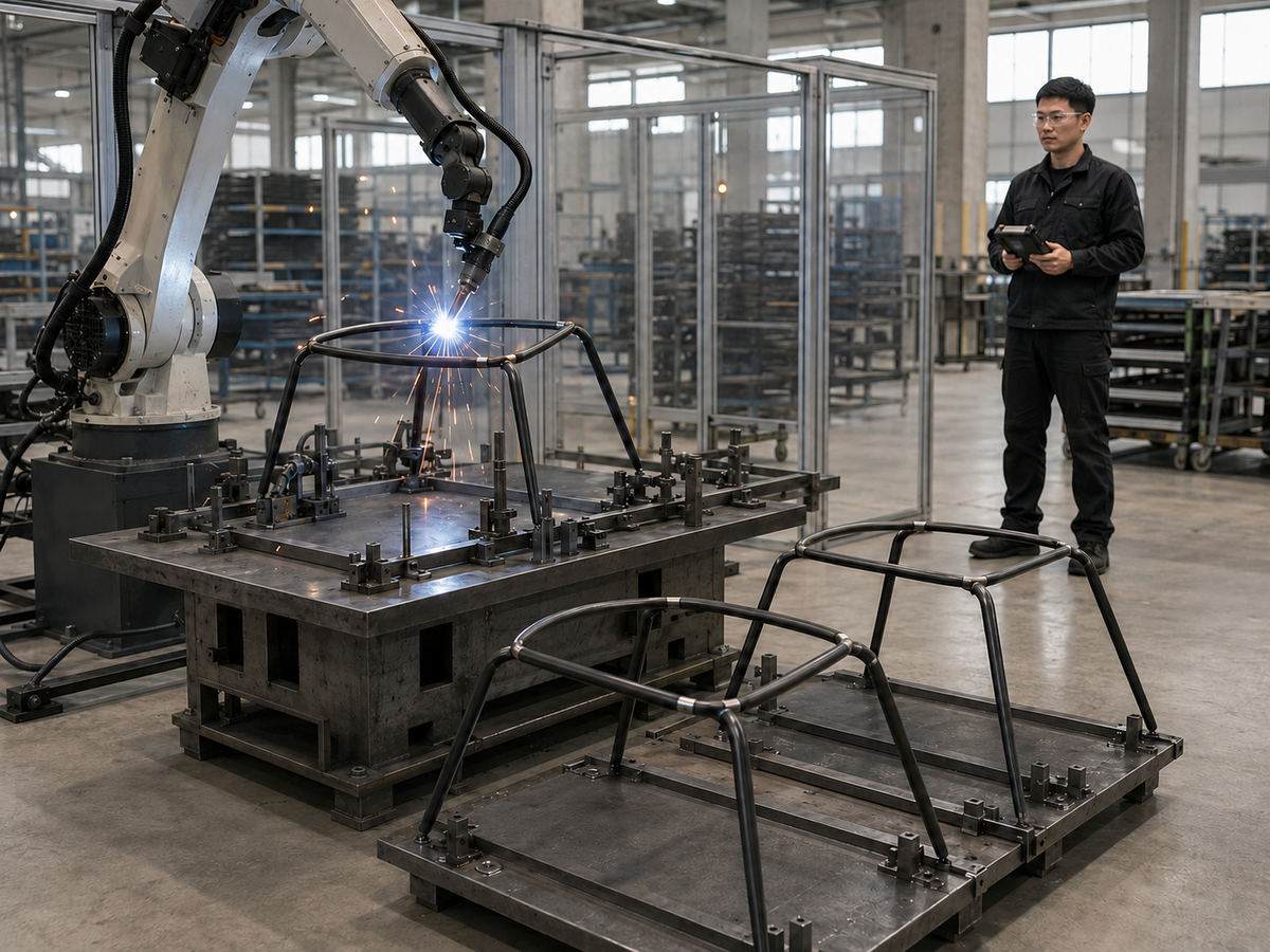 Robotic welding of metal lounge chair frames at the GEYA Seating factory in China