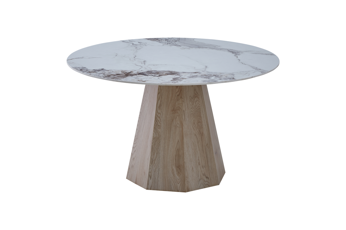 Perspective view of round sintered stone dining table with faceted wood-grain base, GEYA Seating T-132