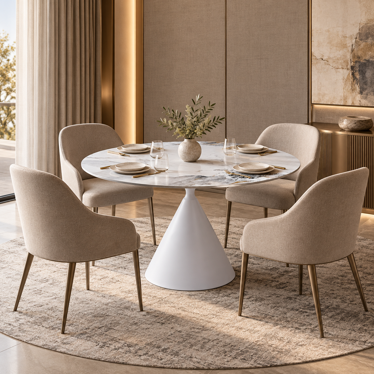 Round sintered stone dining table with four upholstered armchairs in a furnished dining room, T-133