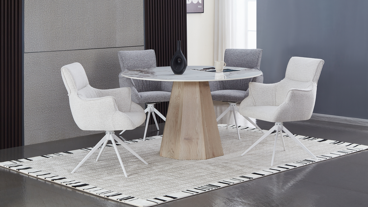 Round sintered stone dining table with modern swivel armchairs in a furnished contemporary room, T-132