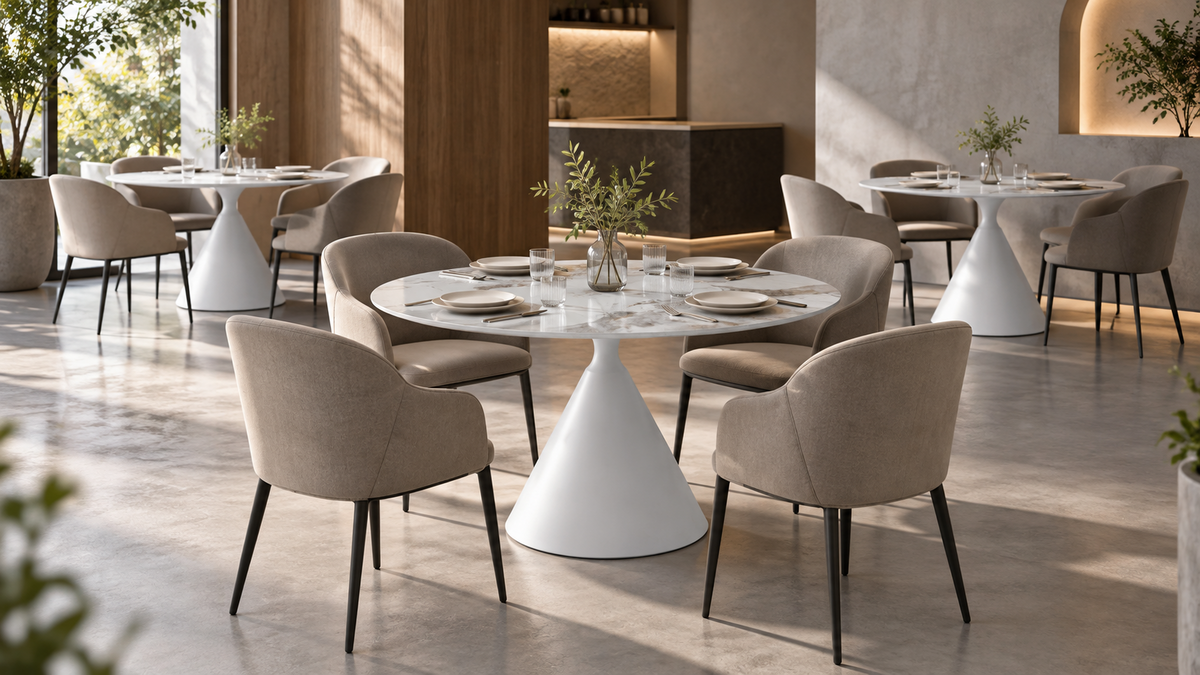 Round sintered stone dining tables arranged with upholstered chairs in a contemporary restaurant, T-133