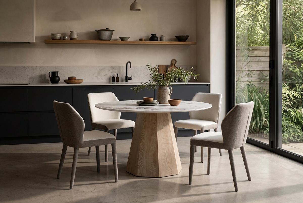 Round sintered stone dining table in an open-plan kitchen dining space with garden patio daylight, T-132