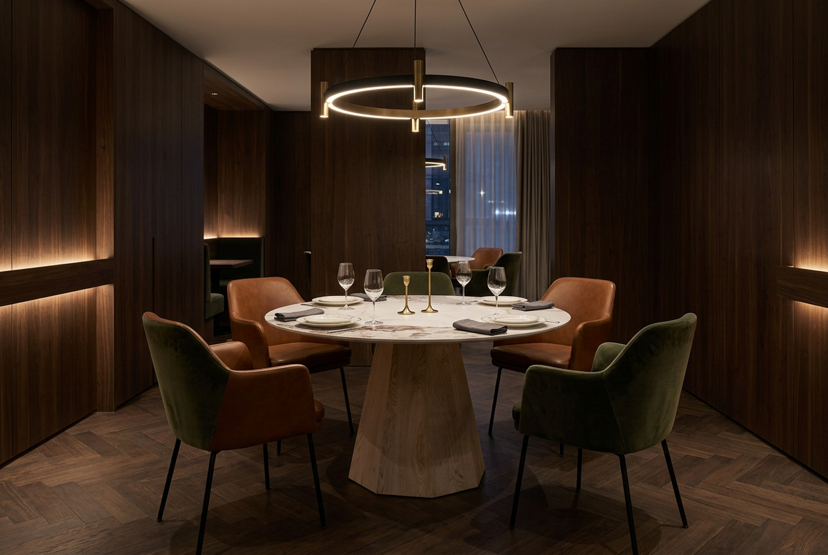 Round sintered stone dining table in a wood-paneled private dining room under ring chandelier, T-132