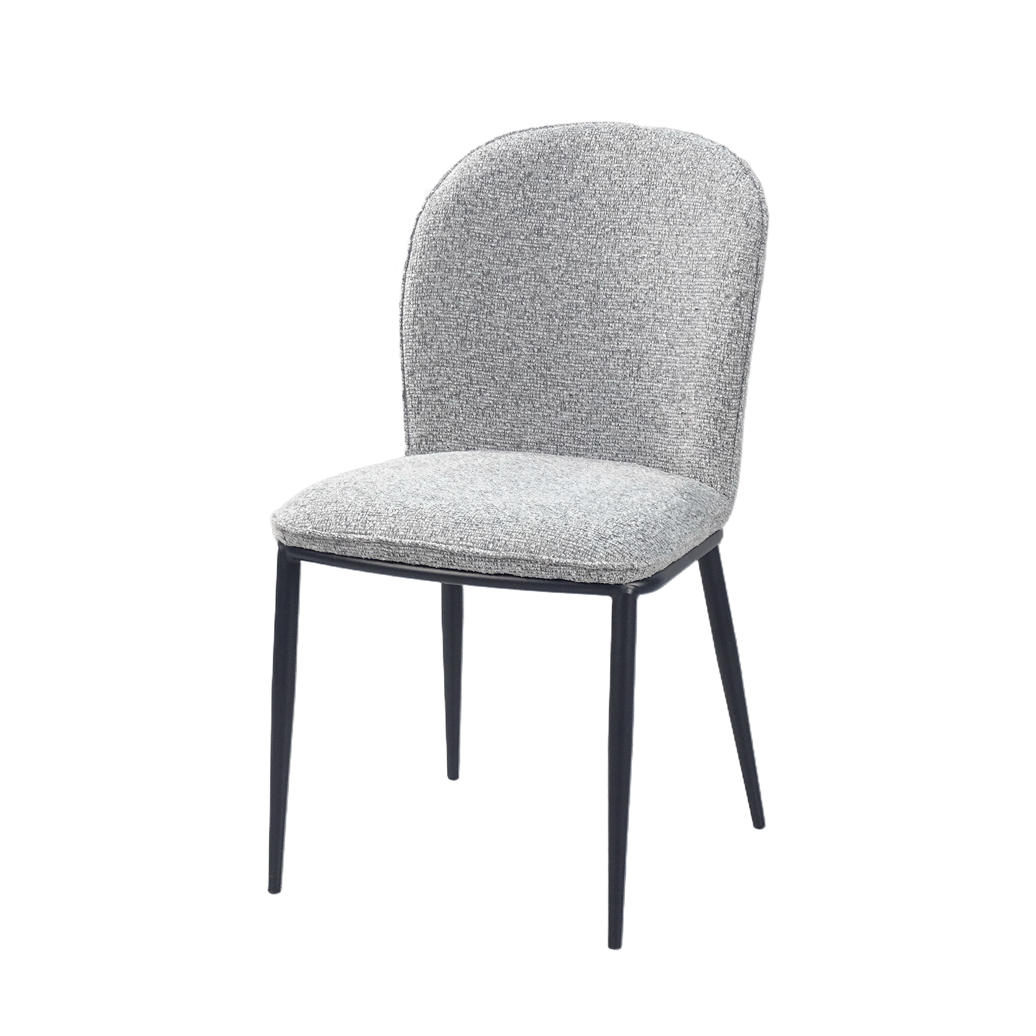 Rounded-back bouclé dining chair in ash grey textured fabric with tapered black steel legs — GEYA Seating DC-3061