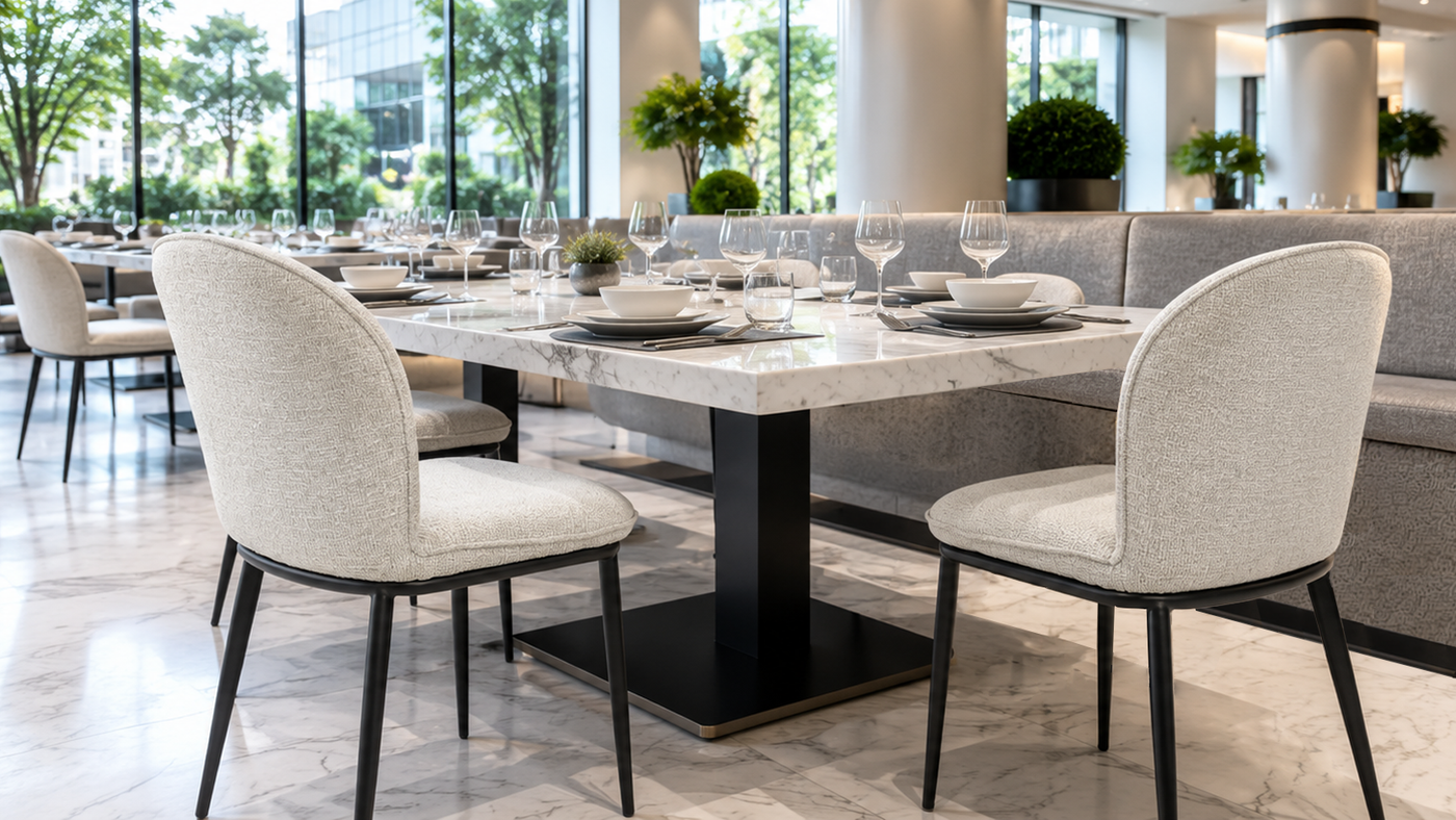 Rounded-back bouclé dining chairs in ivory arranged around a marble-top dining table in a hotel all-day dining interior with floor-to-ceiling windows and banquette seating — DC-3061