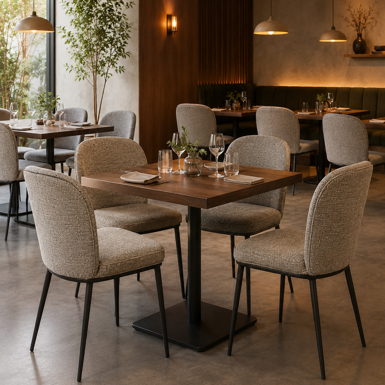Rounded-back bouclé dining chairs in warm taupe arranged across a boutique restaurant interior with dark walnut dining tables, warm pendant lighting and banquette seating — DC-3061
