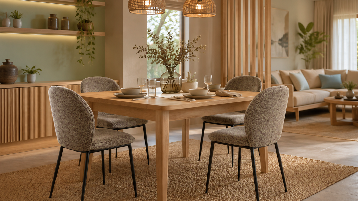 Rounded-back bouclé dining chairs around a light oak dining table in an open-plan residential dining and living space with rattan pendant lighting and natural materials — DC-3061