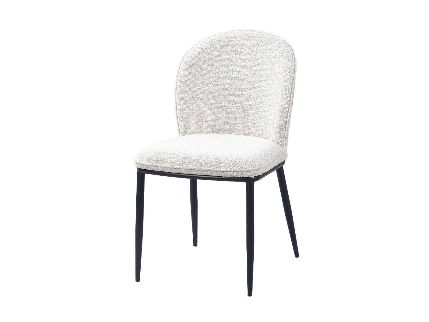 Three-quarter view of rounded-back bouclé dining chair in ivory showing compact armless profile and tapered steel leg stance — DC-3061