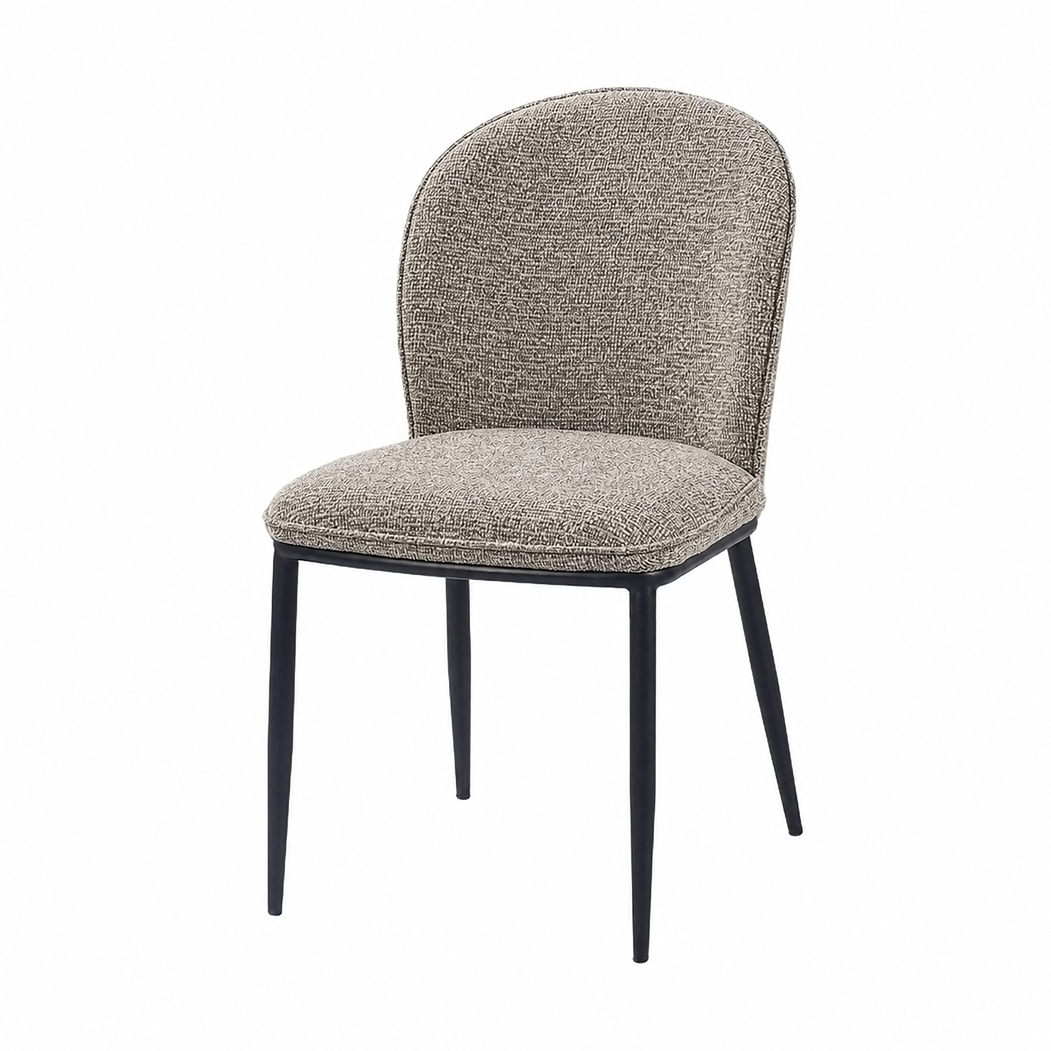 Rounded-back armless dining chair in warm taupe bouclé upholstery with tonal piping and black powder-coated steel frame — DC-3061