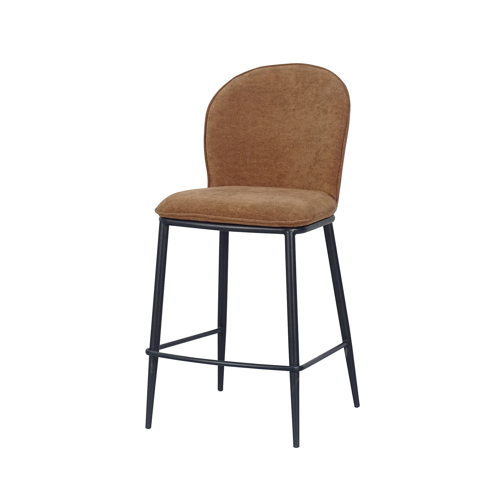 Rounded-Back Linen-Look Counter Stool in Caramel with black metal footrest frame — BC-75