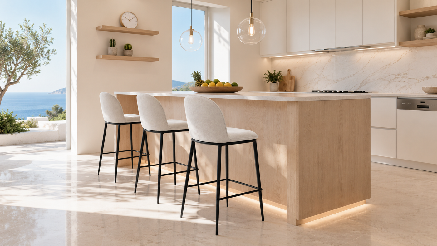 Chalk linen-look rounded-back counter stools along timber kitchen island in bright open-plan kitchen with sea views, BC-75