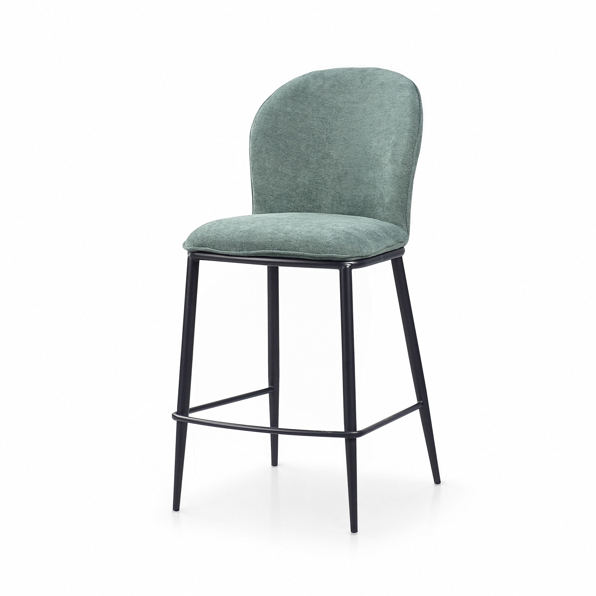 Rounded-Back Linen-Look Counter Stool in Sage Green with black metal footrest frame — BC-75