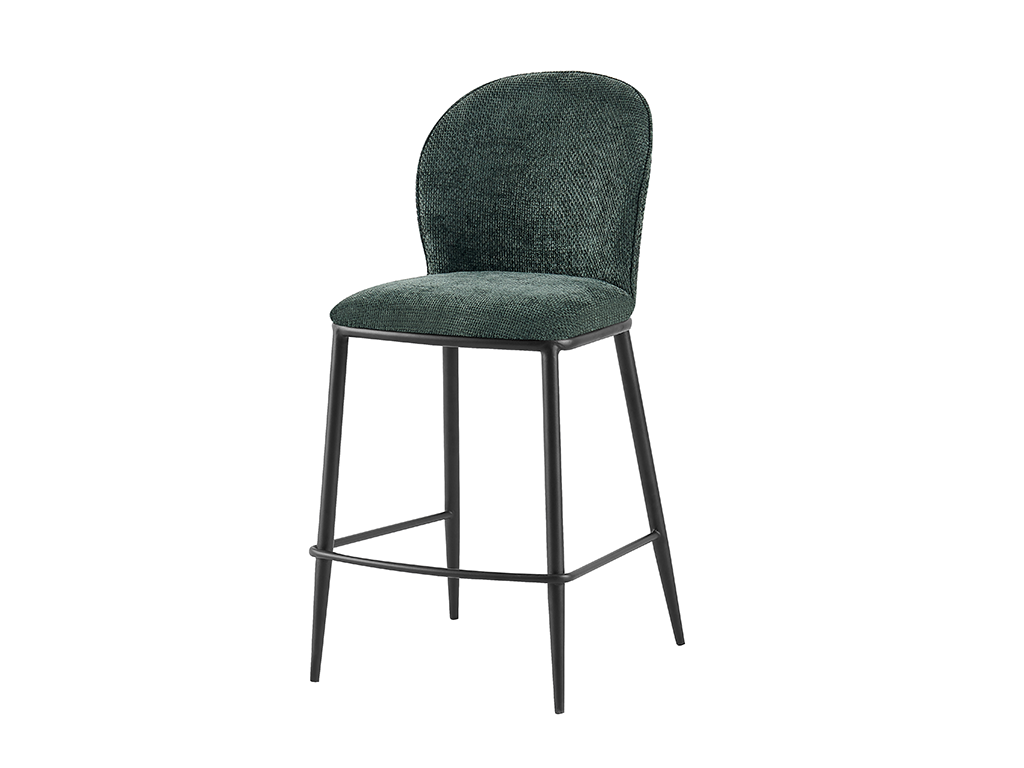 Three-quarter view of linen-look rounded-back counter stool with fully upholstered seat and slender sand-black steel legs, BC-75