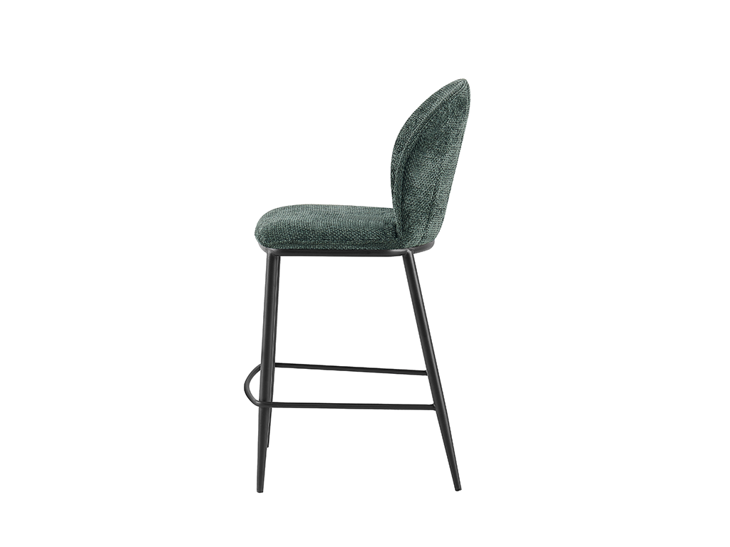 Rounded-back linen-look counter stool side profile showing tapered sand-black steel legs and counter-height seat, BC-75