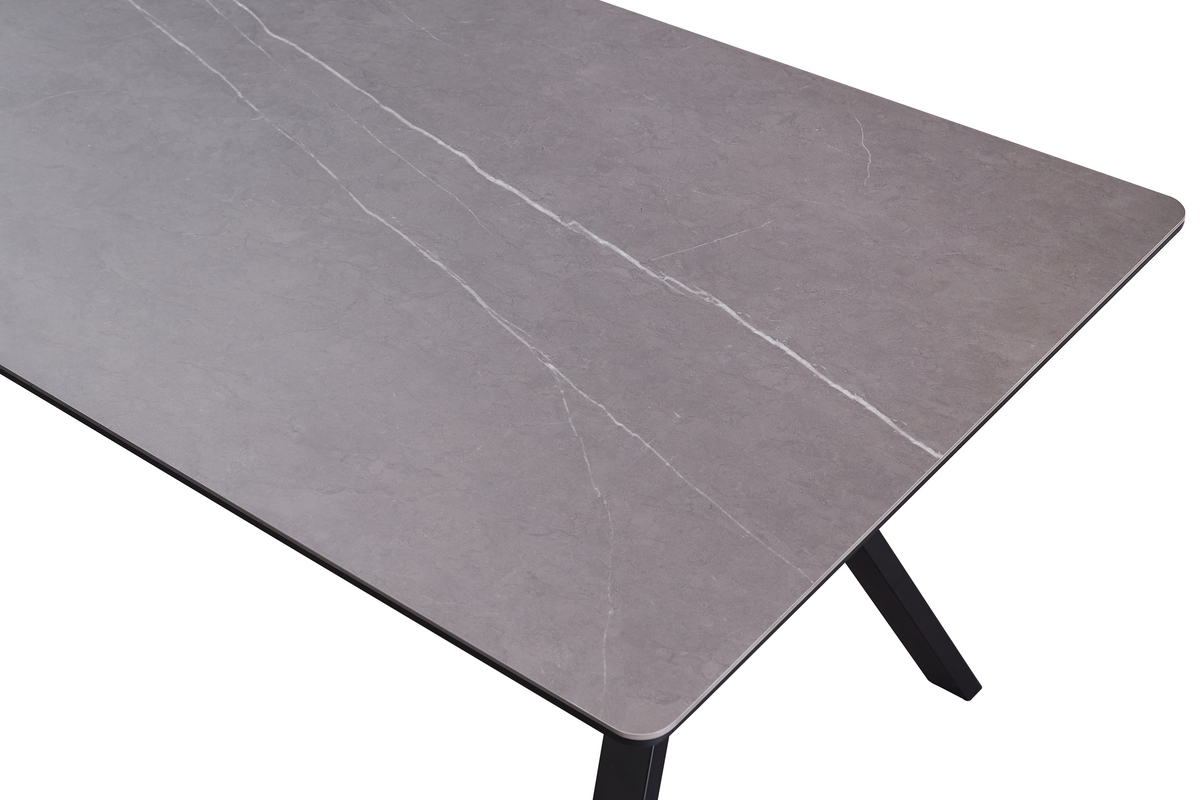 Sintered stone dining table corner detail with R30 rounded curve and 45-degree reverse-bevel MDF edge, T-301