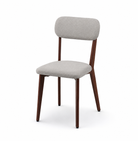Rounded Cushion Dining Chair in light warm grey fabric with a floating rounded backrest, upholstered seat, and wood-grain transfer steel frame, model DC-3257.