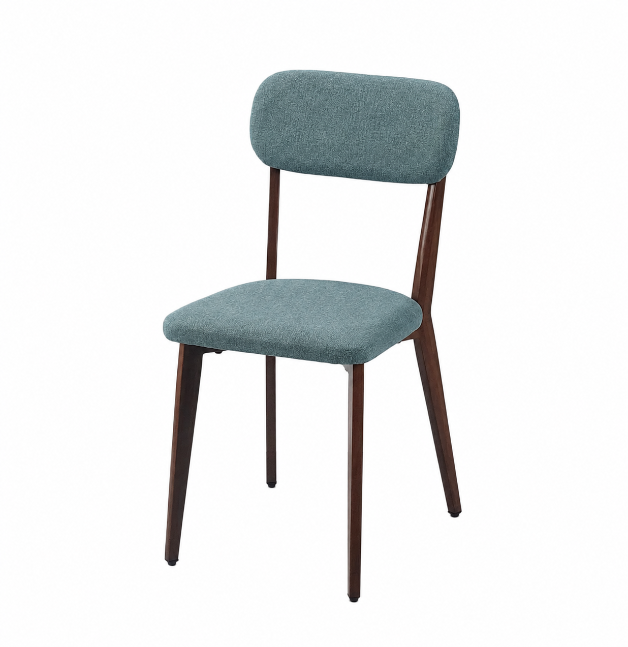 Rounded Cushion Dining Chair in mist blue grey woven upholstery, featuring a softly rounded cushion back and walnut wood-grain steel legs, model DC-3257.