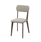 Rounded Cushion Dining Chair in warm greige linen-look fabric with a rounded upholstered backrest and walnut wood-grain steel frame, model DC-3257.