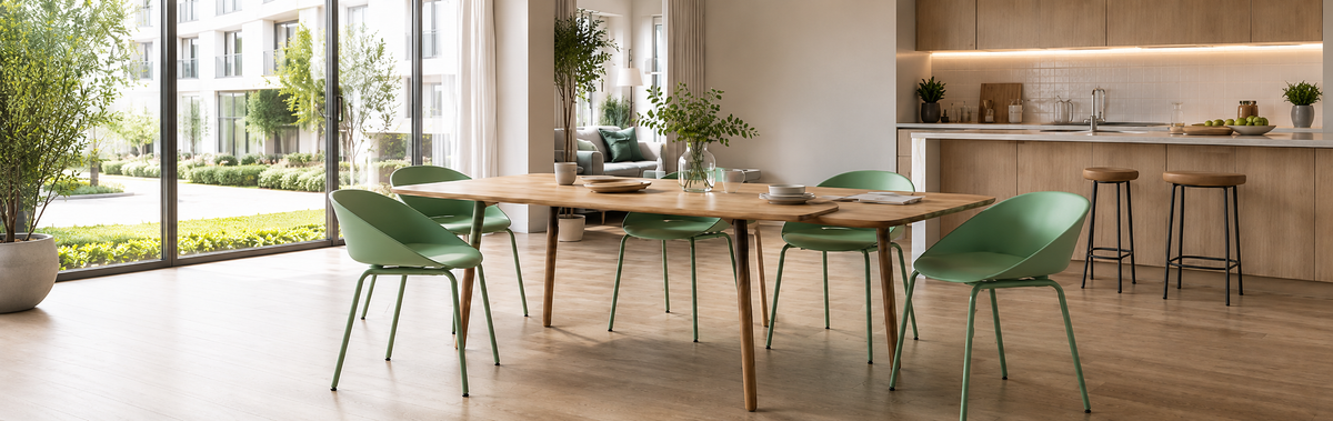 PC-97 brings soft sage green seating into a bright co-living dining area, combining easy-clean PP shells, warm wood tables, garden views, and project-ready style for serviced apartments and shared residences. with [