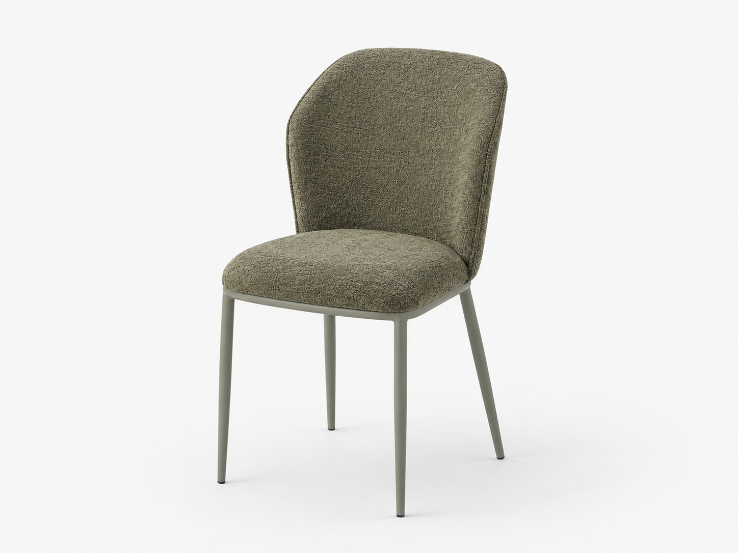 Olive grey sculpted back dining chair with curved upholstered back and matching steel frame