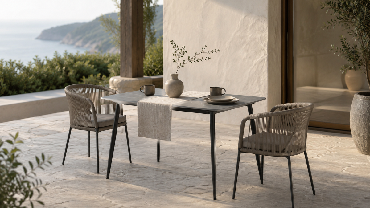 GEYA T-107 sintered stone dining table styled on a seaside terrace with two woven chairs, soft natural light, Armani Grey top and matte black splayed legs.
