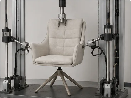 Seat fatigue test simulating repeated daily use on upholstered chair.