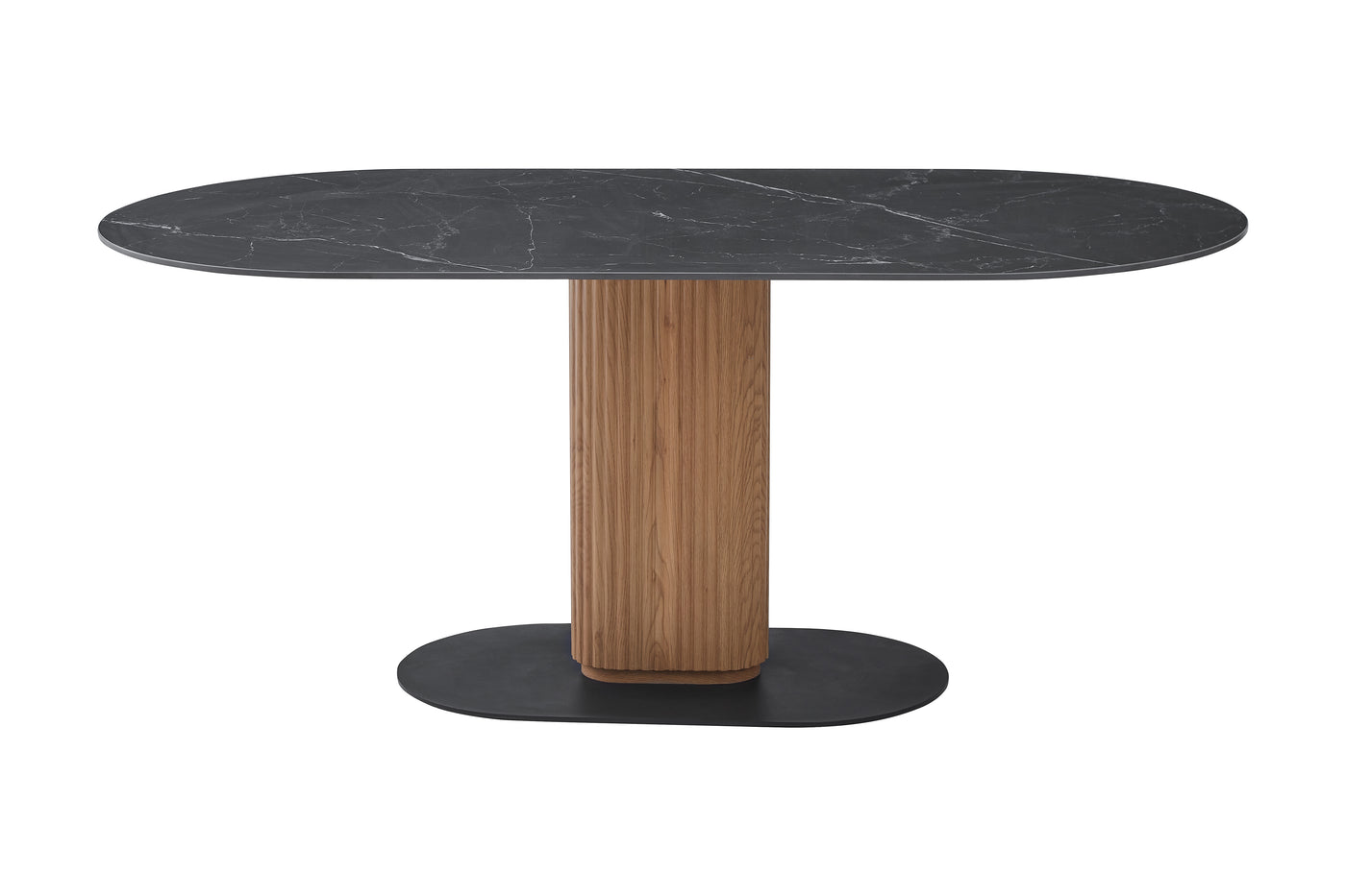 Fluted Pedestal Oval Dining Table with Sintered Stone Top (T-130) — Stadium-Oval Form · Front Profile — GEYA T-130