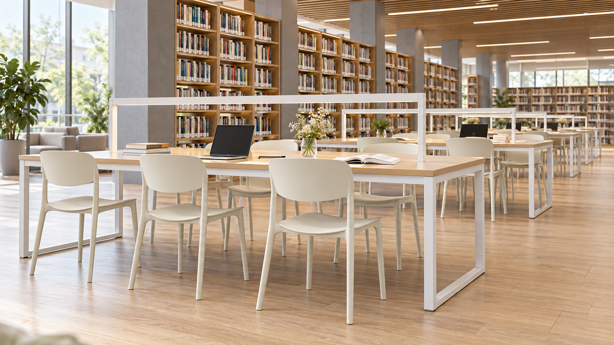 Polypropylene side chairs in off-white arranged around long tables for shared study areas PC-133