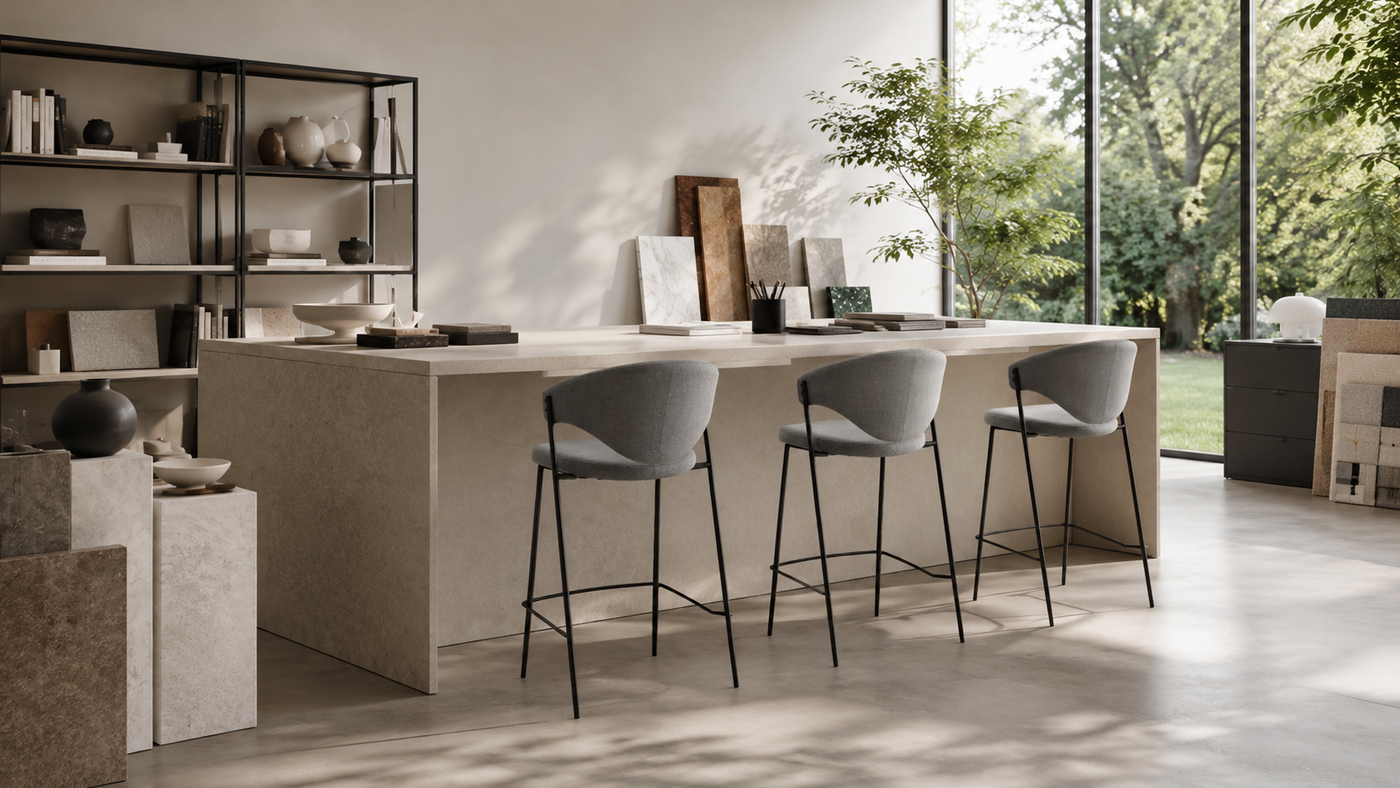 Shell-Back Upholstered Counter Stool for Design Studio and Showroom Counter with [
