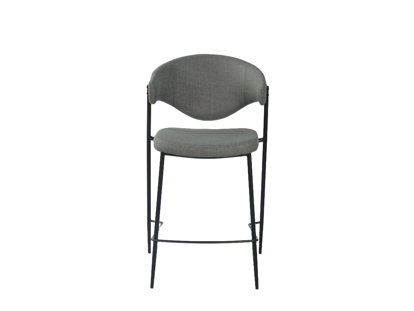 Upholstered bar stool with curved backrest in studio product presentation, featuring textured fabric seat and powder-coated steel frame with integrated footrest.