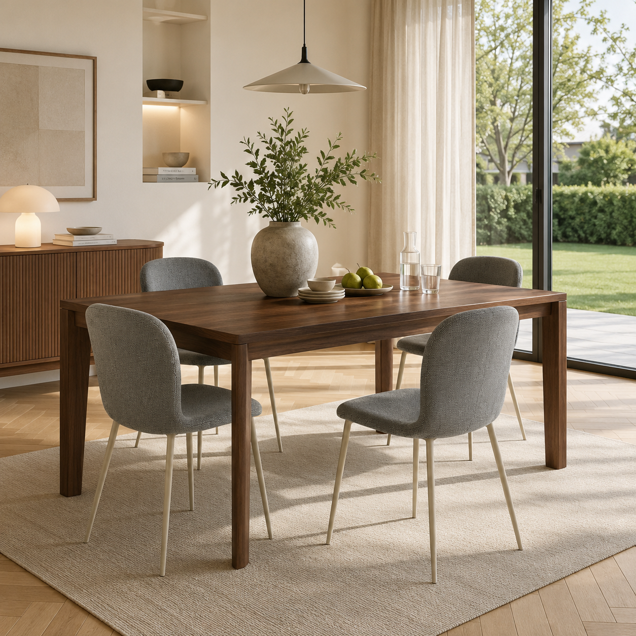 Shell back fully upholstered dining chair in graphite structured woven fabric for modern residential dining room — GEYA Seating DC-1062