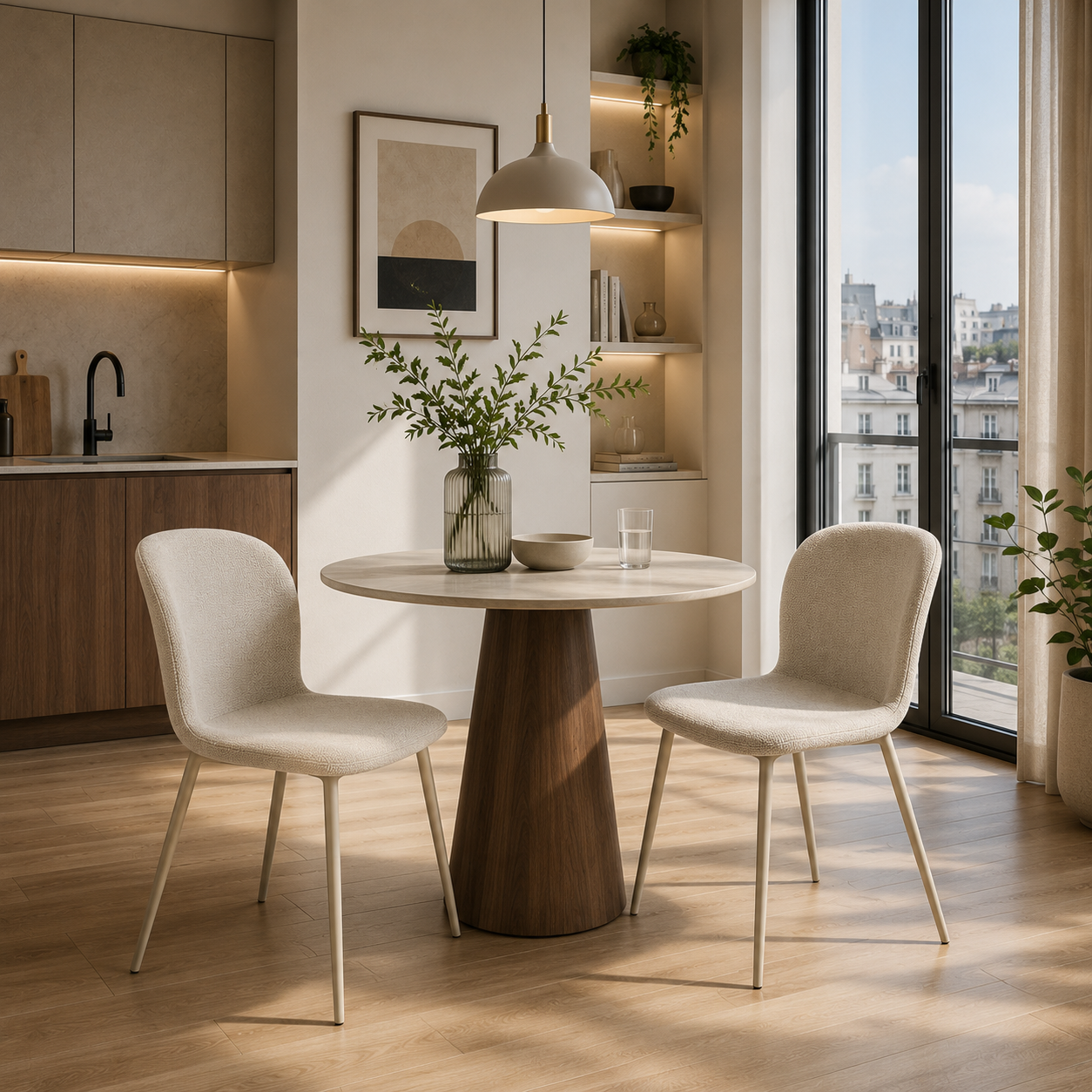 Shell back upholstered side chair in ivory fabric for compact apartment dining space with round pedestal table — DC-1062