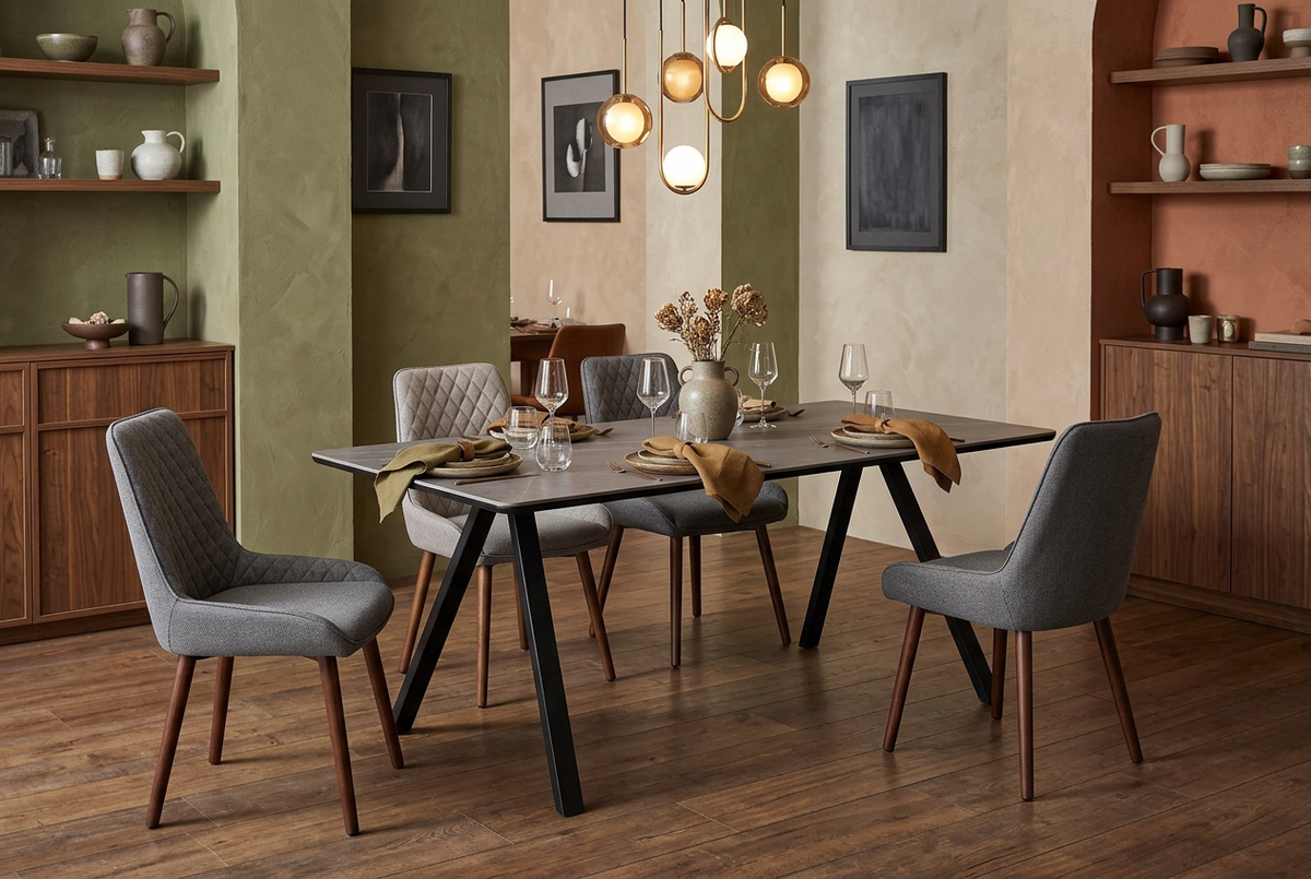 Sintered stone dining table in a boutique hotel restaurant interior with quilted chairs, T-301