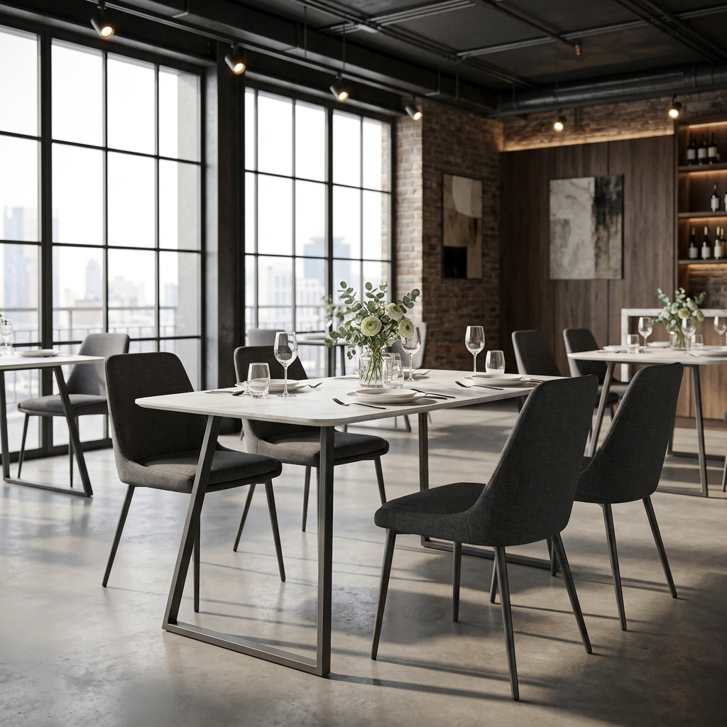 Bow-sided sintered stone dining table paired with upholstered chairs in a boutique bistro restaurant setting, T-122
