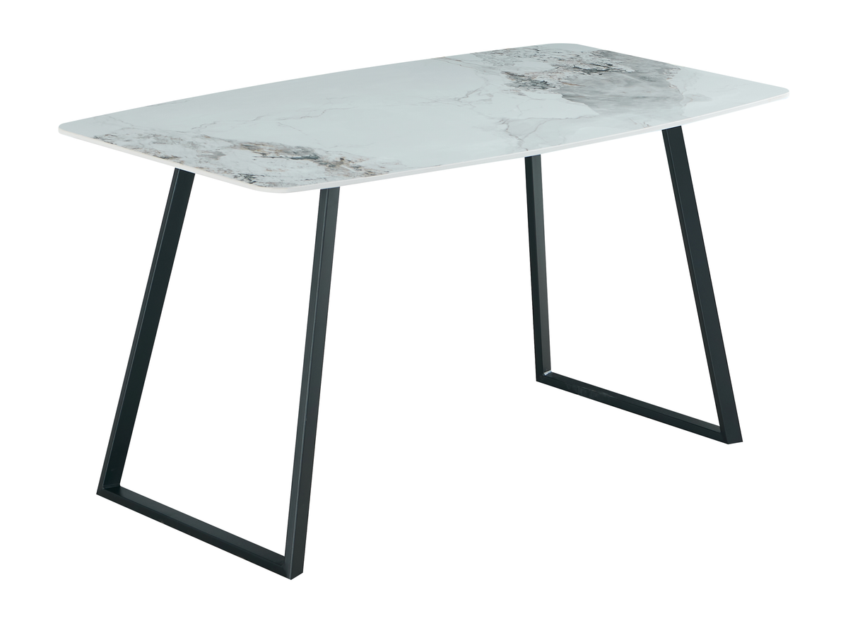 Bow-sided sintered stone dining table in cool white breccia effect with trapezoid steel legs, T-122