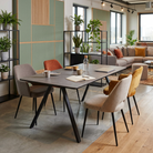 Sintered stone dining table with upholstered chairs in a contemporary corporate work café, T-301