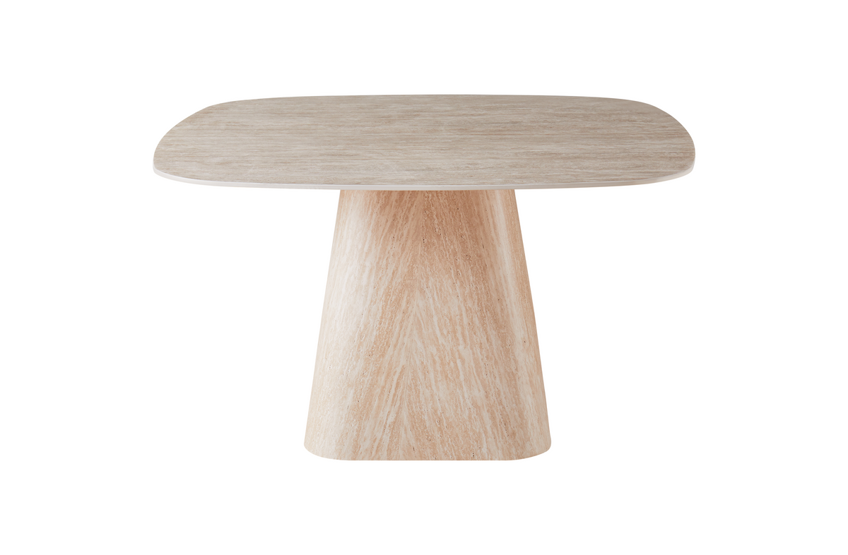 Sintered stone dining table in beige travertine effect with flared pedestal, front profile, GEYA Seating T-152