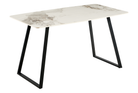 Bow-sided sintered stone dining table in ivory breccia effect with matte black trapezoid frame, T-122