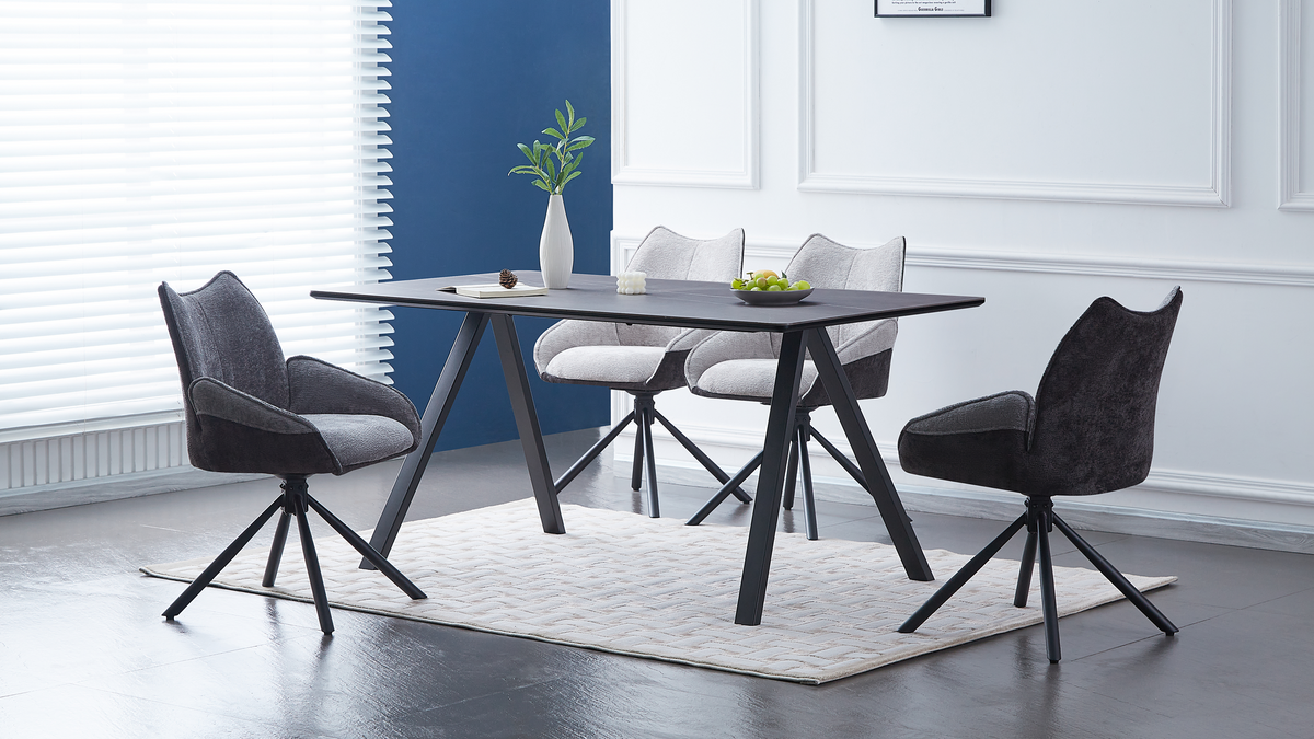 Sintered stone dining table in a contemporary apartment dining room with swivel chairs, T-301