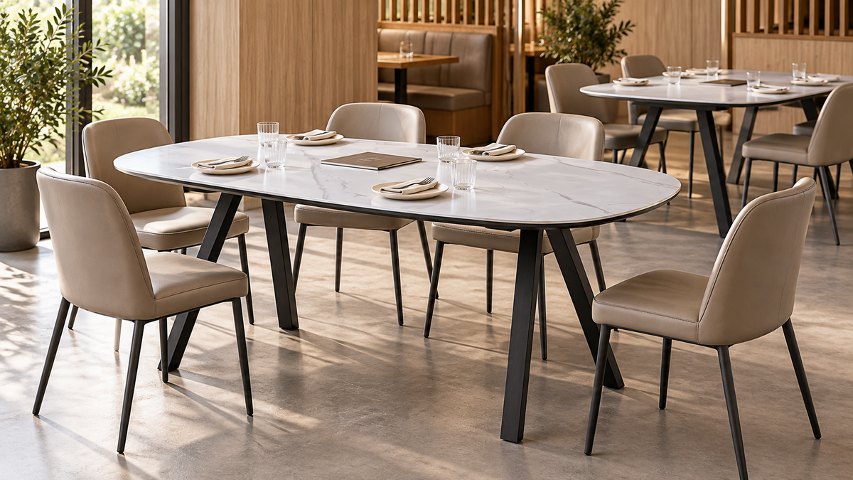 Barrel-top sintered stone dining table in a restaurant group dining arrangement with upholstered chairs, T-309