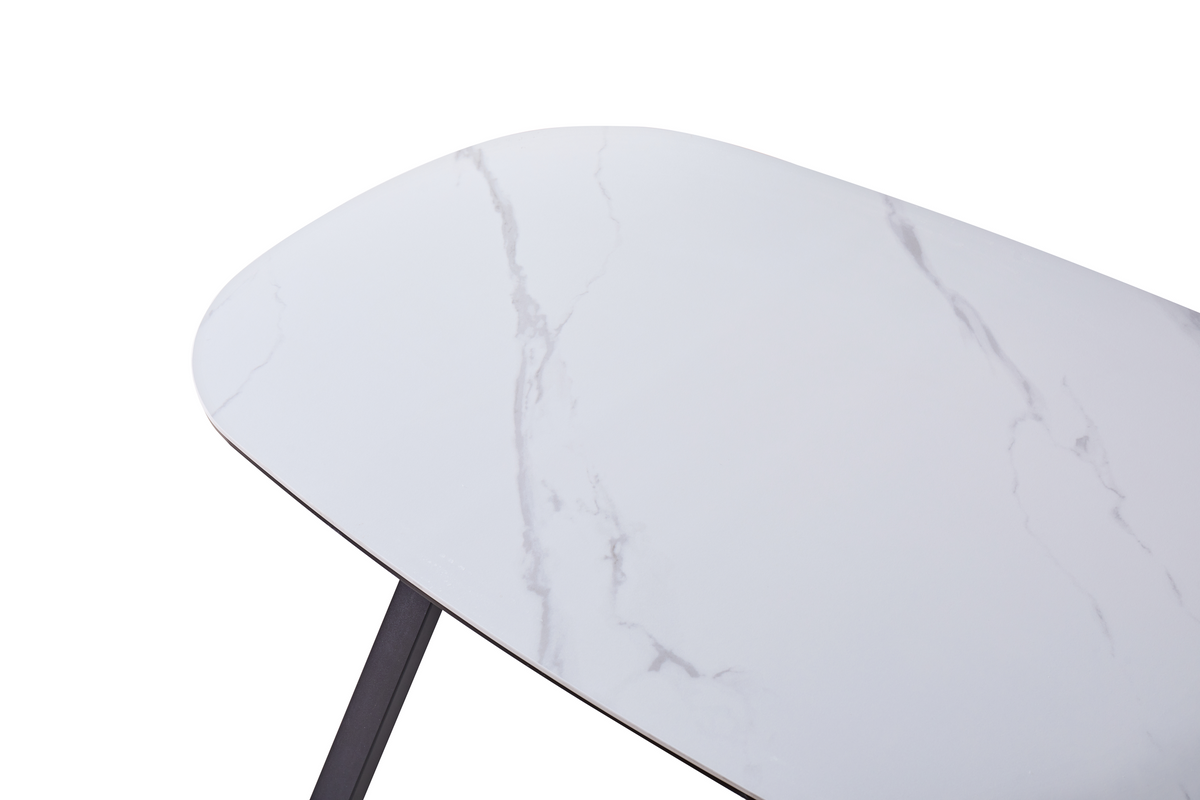 Sintered stone dining table in snow mountain white showing rounded tabletop corner and layered edge, T-309