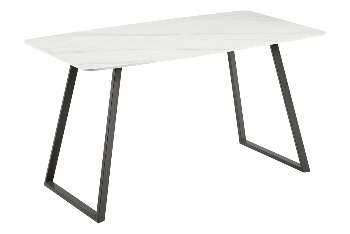Bow-sided sintered stone dining table in white marble effect with trapezoid steel legs, GEYA Seating T-122