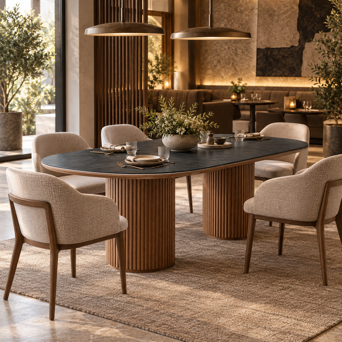 Sintered stone pedestal dining table with beige armchairs in a boutique hotel restaurant, T-136