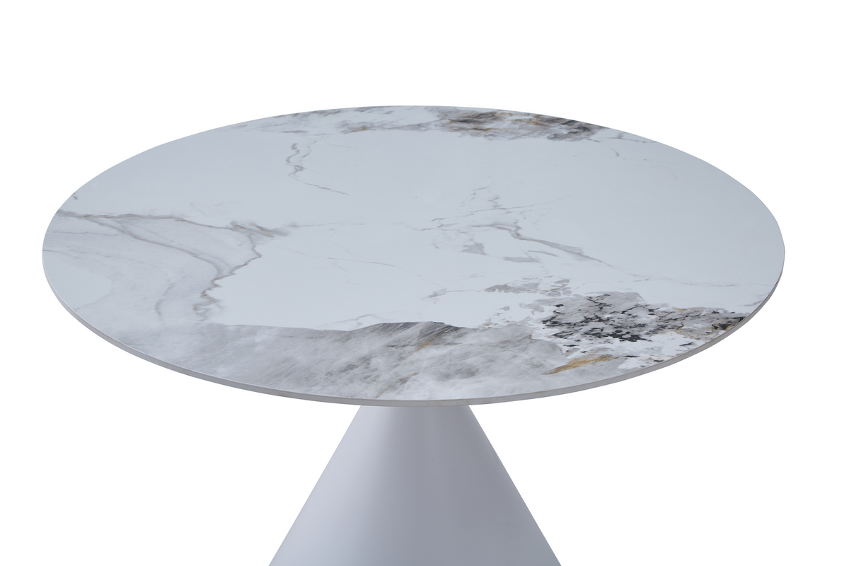 Round sintered stone tabletop with grey marble-look veining and circular edge, T-133