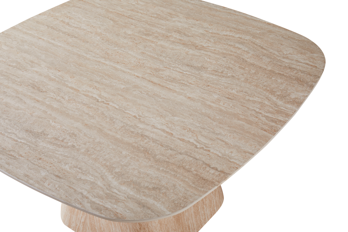 Sintered stone dining table top in travertine effect with R250 rounded corner detail, T-152